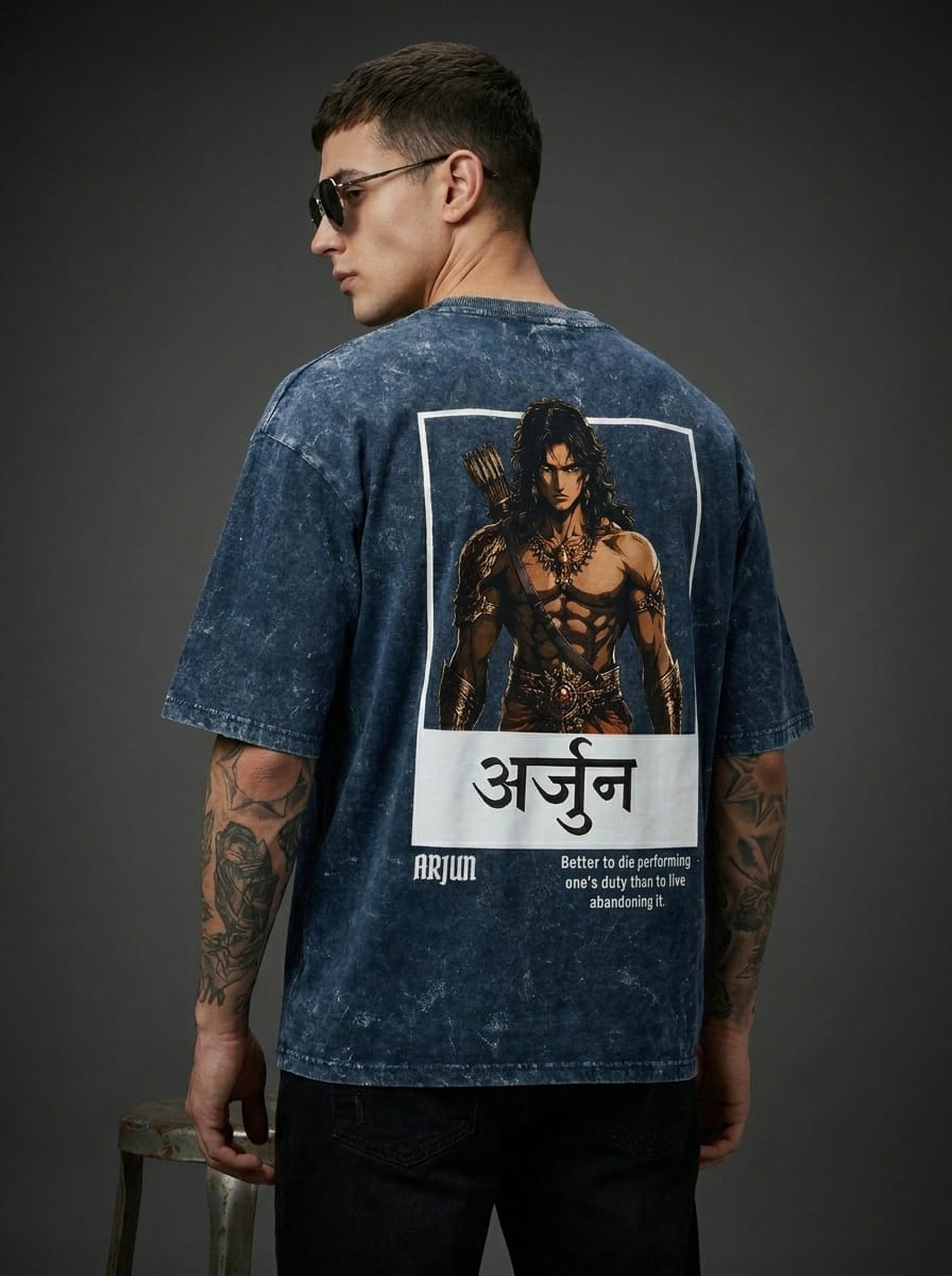 Arjuna Mahabharata T-Shirt | Hindu Mythology Graphic Tee | Oversized Acid Wash 240 GSM