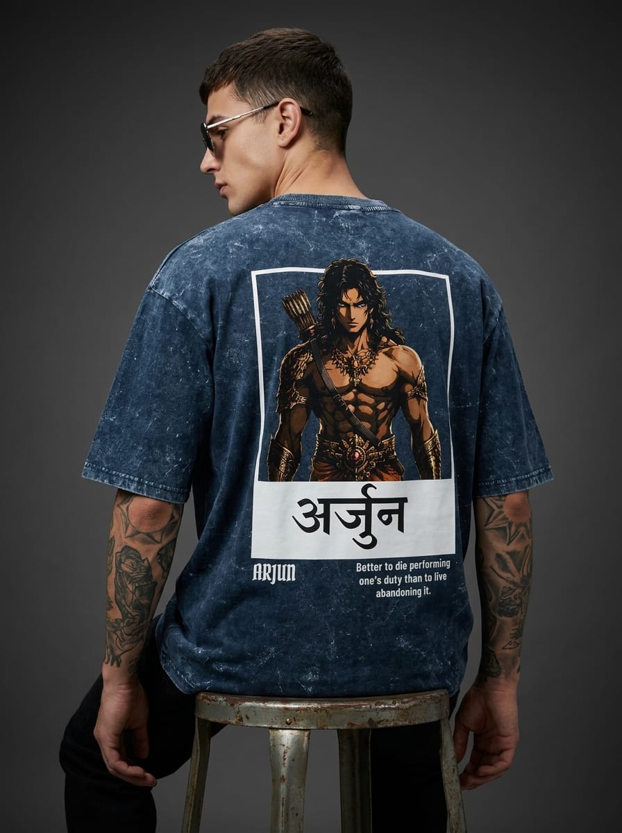 Arjuna Mahabharata T-Shirt | Hindu Mythology Graphic Tee | Oversized Acid Wash 240 GSM